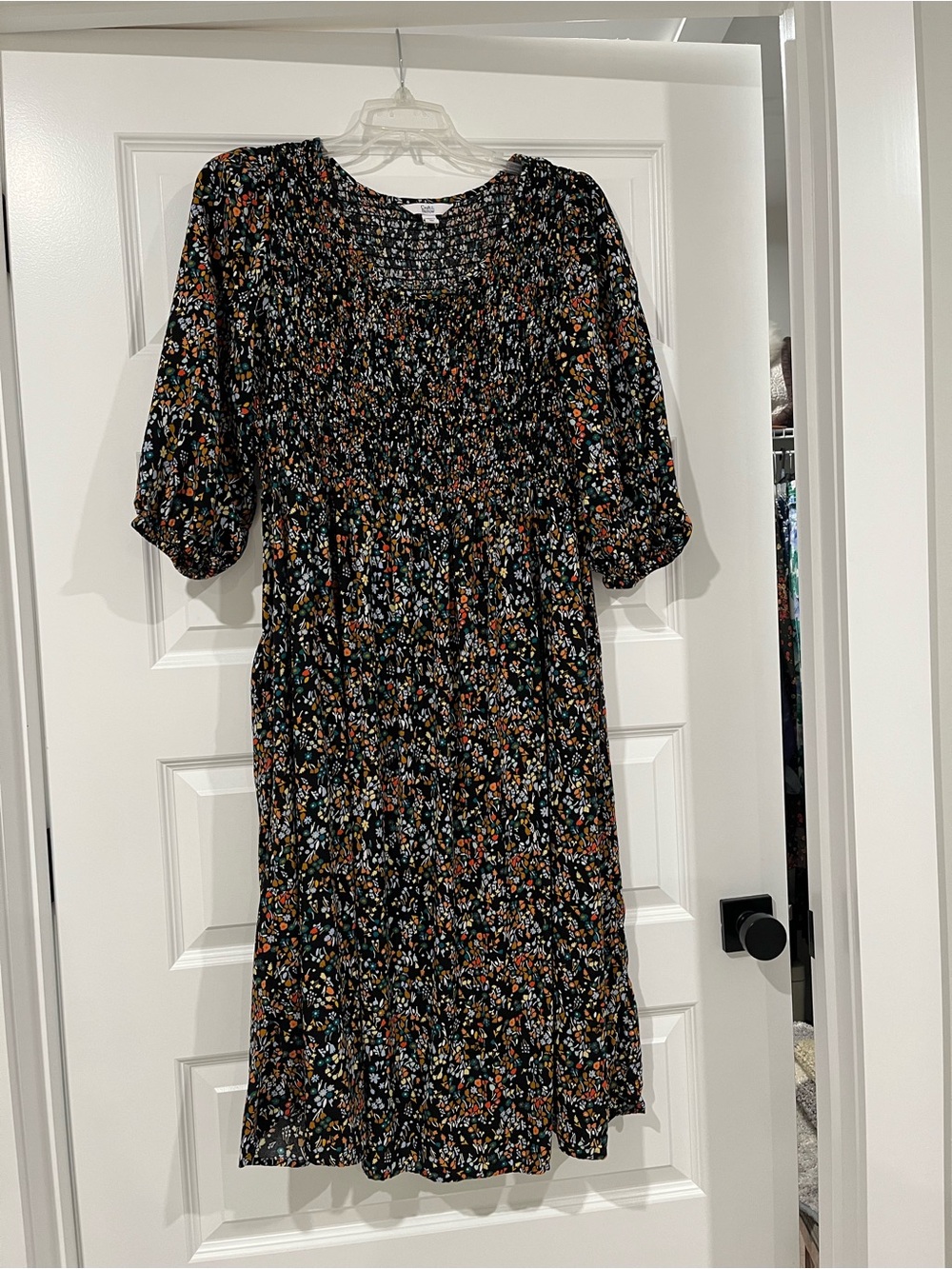 croft & barrow Black Floral Smocked Dress with Puff Sleeves